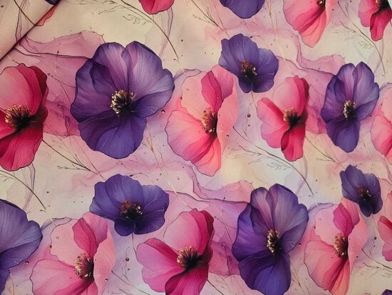 Rozā un violetās anemones, poliesera audums, ar tvilla auduma efektu 